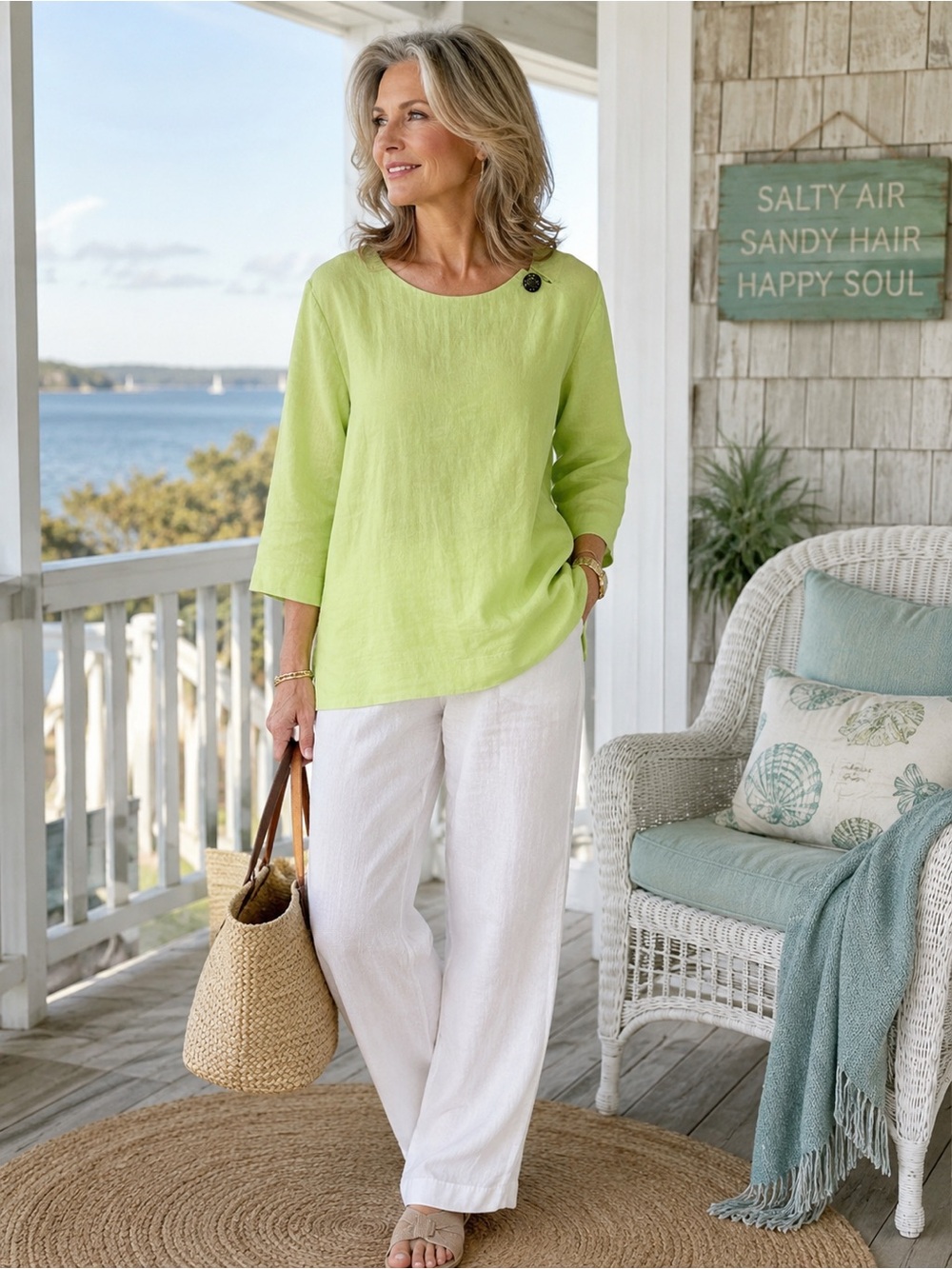 ORVIS 100% Linen Top L 14/16 | Lime Green Coastal Grandma | Resort Chic